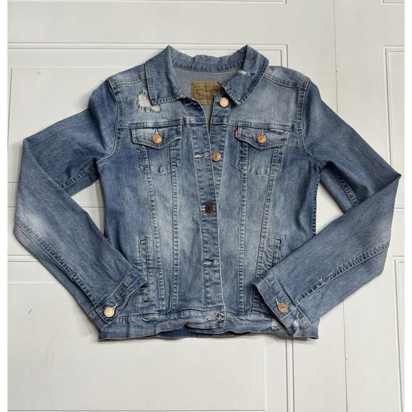 Levi's Jackets & Blazers - Levis Jean Jacket Womens Small Blue Light Was Denim Premium Trucker Distressed
